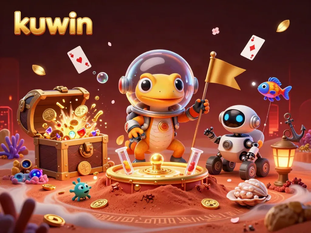 Kuwin Martian gecko explores a golden casino on Mars with vibrant game elements.