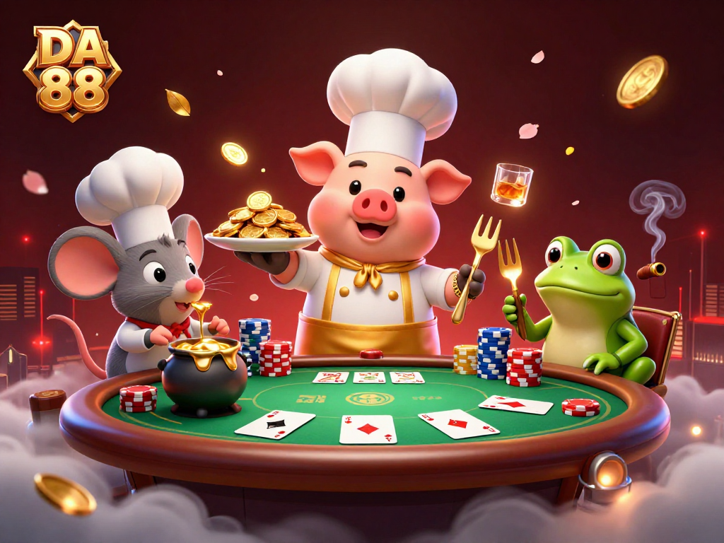Experience the thrill of DA 88 with lively cartoon characters in a dynamic casino scene.