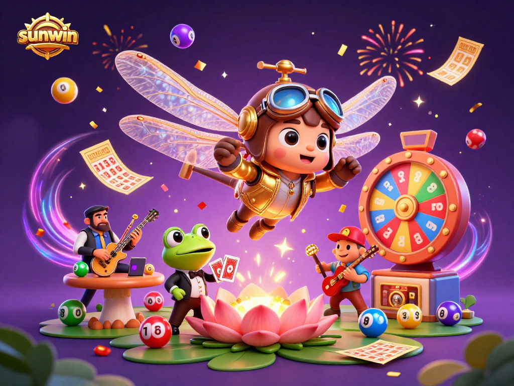 Win thrilling games at sunwin with vibrant lottery elements and engaging casino characters.