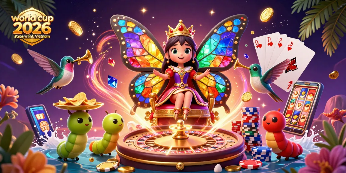 Engaging visual showcasing world cup 2026 stream link Vietnam with vibrant colors, featuring a butterfly queen among casino symbols.