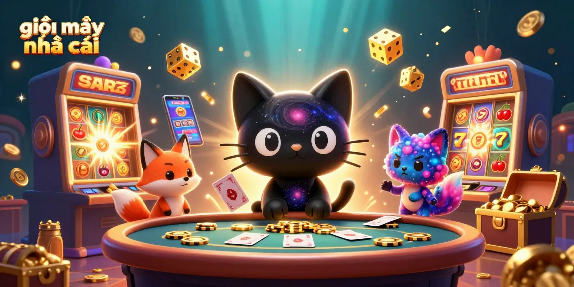 Engaging cosmic scene with "giải mã nhà cái" theme, showcasing a feline figure and vibrant casino games.