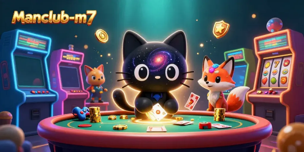 Experience manclub-m7's cosmic casino with vibrant characters and dynamic gaming elements.