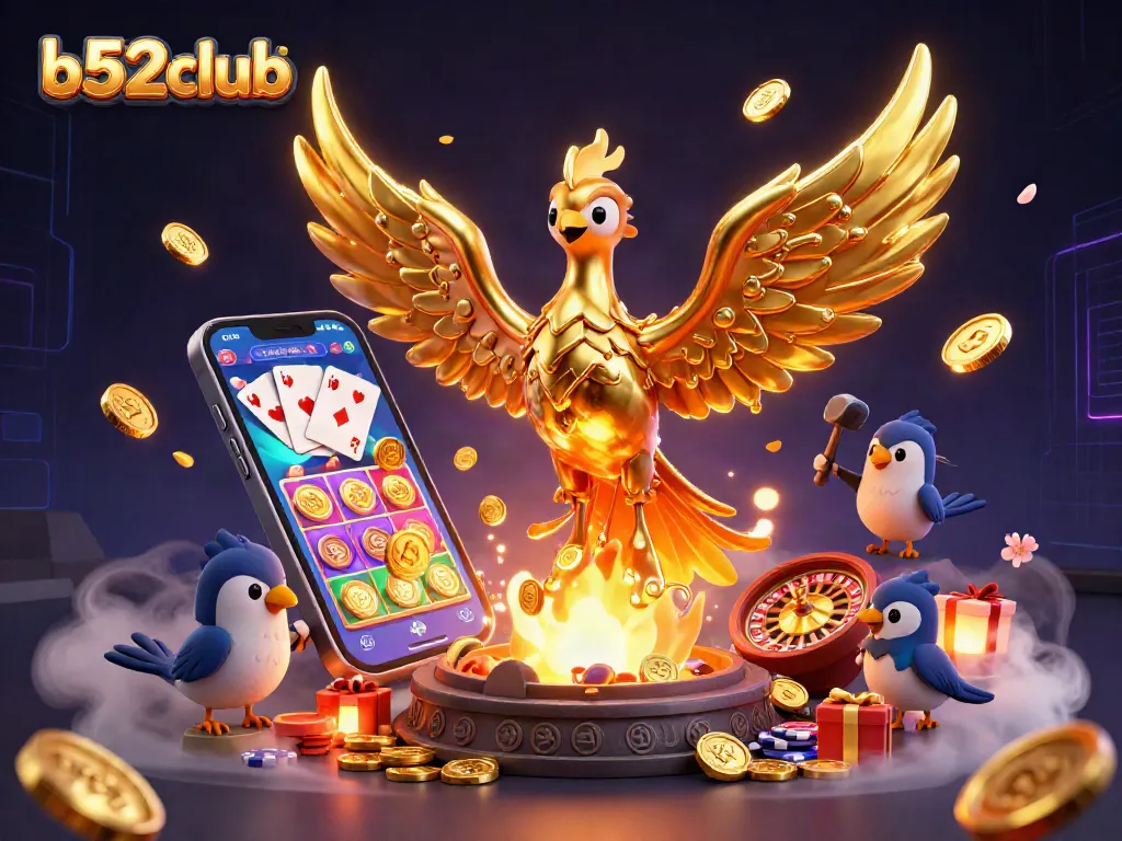 Engage in the vibrant world of b52club with a dynamic scene of a molten golden phoenix, illustrating online gaming excitement.