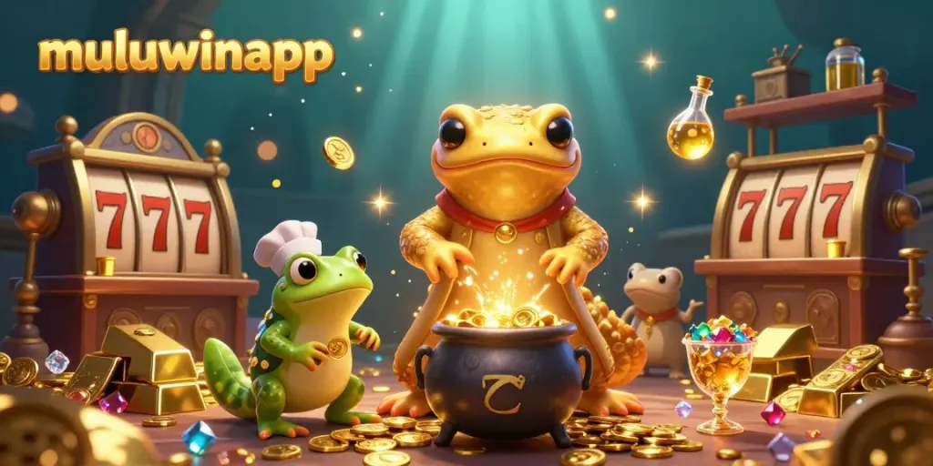 Experience the thrills at muluwinapp with a vibrant 3D gaming scene filled with gold coins, jackpots, and animated characters.
