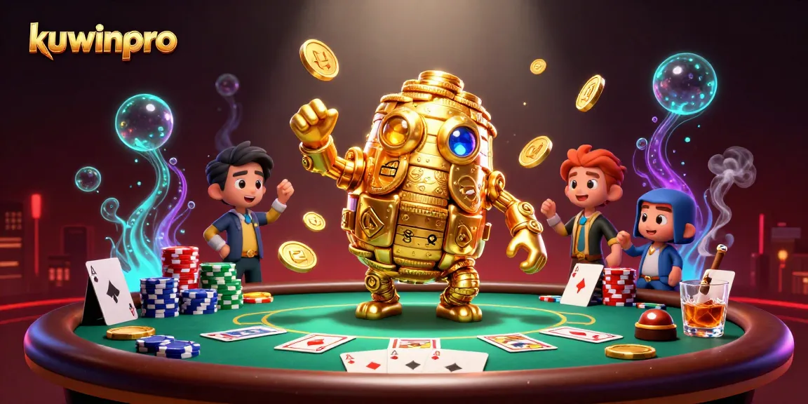 Experience kuwinpro's enchanting gaming with a golden coin golem at an exciting poker table.