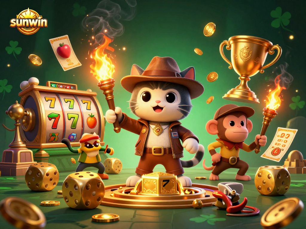 Win big with sunwin in a thrilling casino adventure featuring golden artifacts and spinning slots.
