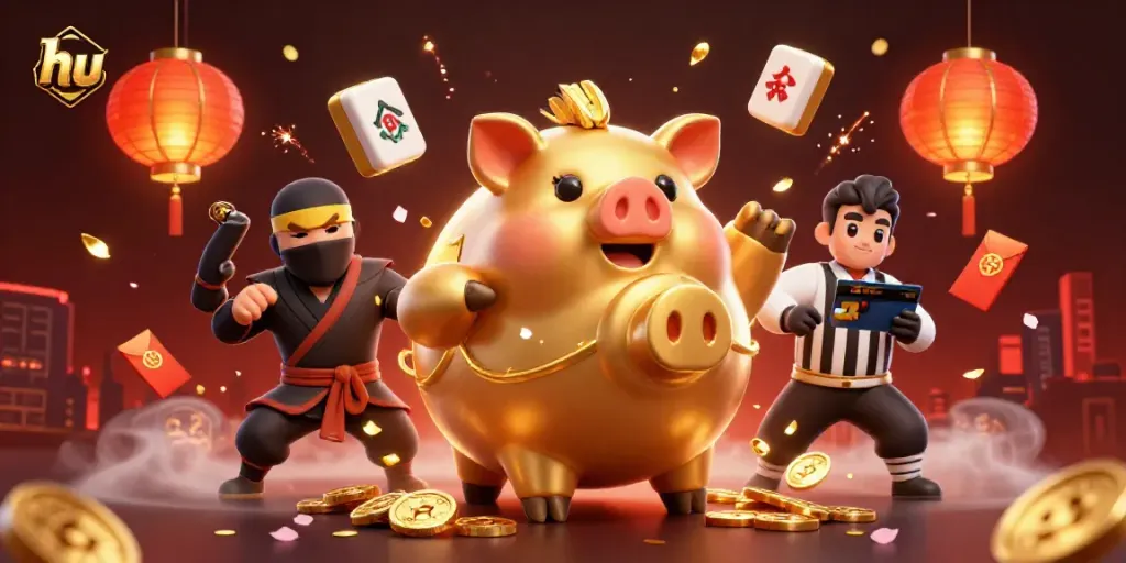 Explore the dynamic hu casino scene featuring a golden piggy bank sumo wrestler and colorful game elements.