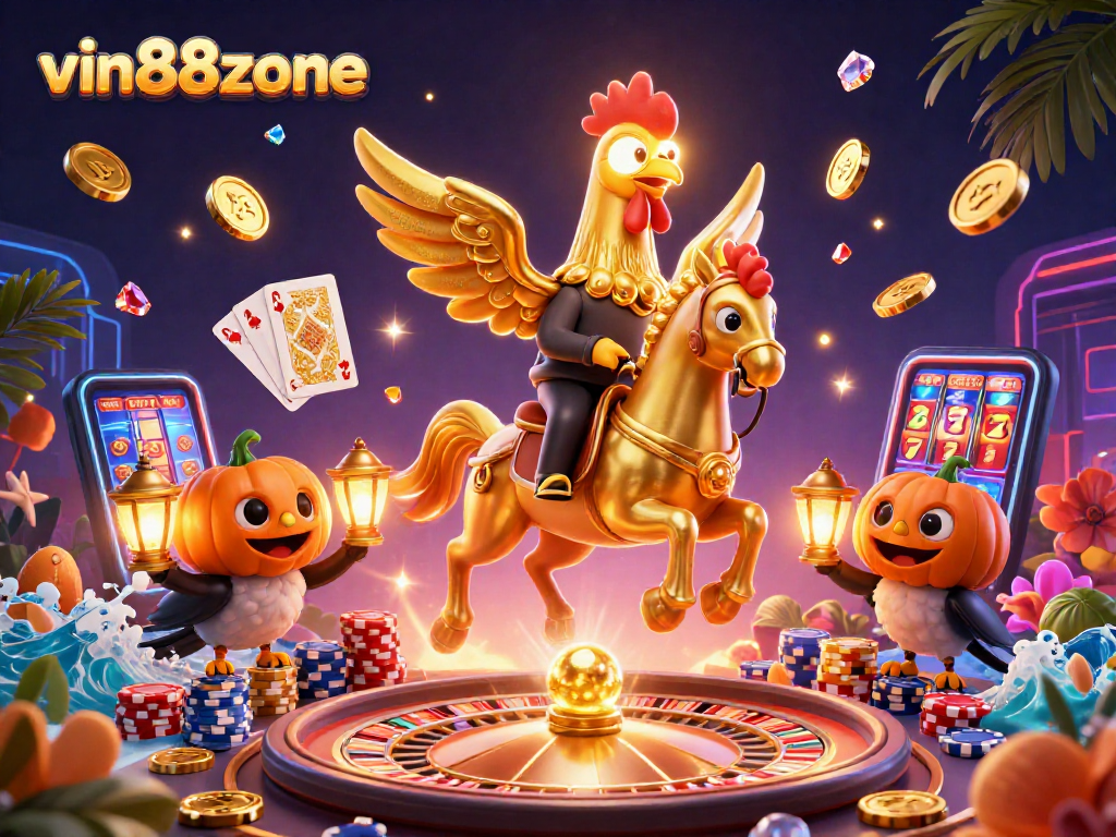 Experience thrilling gaming action with vin88zone, featuring a golden rooster in a vibrant casino.