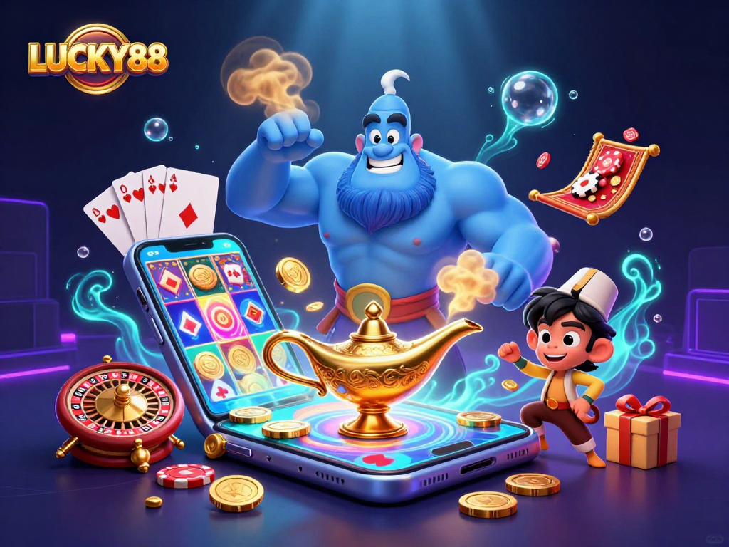 LUCKY88 showcases a dynamic casino scene with a blue genie, a monkey, and a magic carpet amidst vibrant gaming elements.