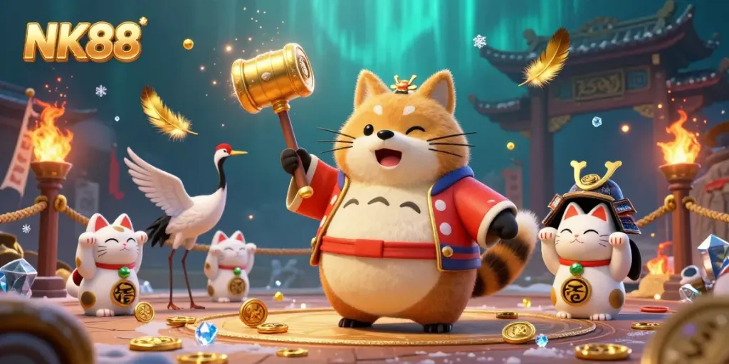 Engage with the excitement of NK88's gaming world, featuring a cheerful tanuki and vibrant elements in a dynamic scene.