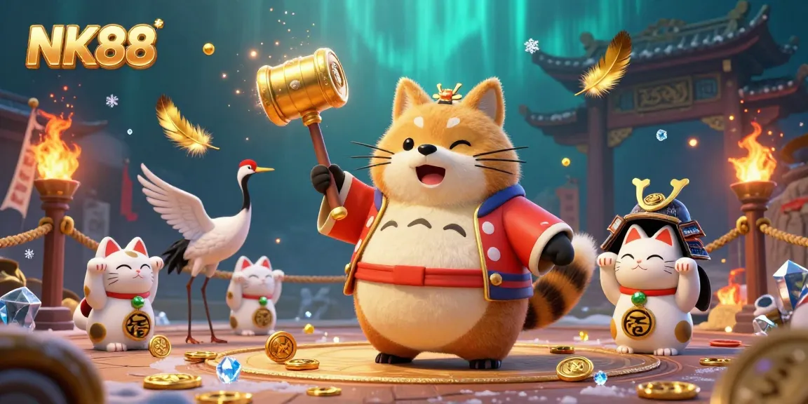 Engage with the excitement of NK88's gaming world, featuring a cheerful tanuki and vibrant elements in a dynamic scene.
