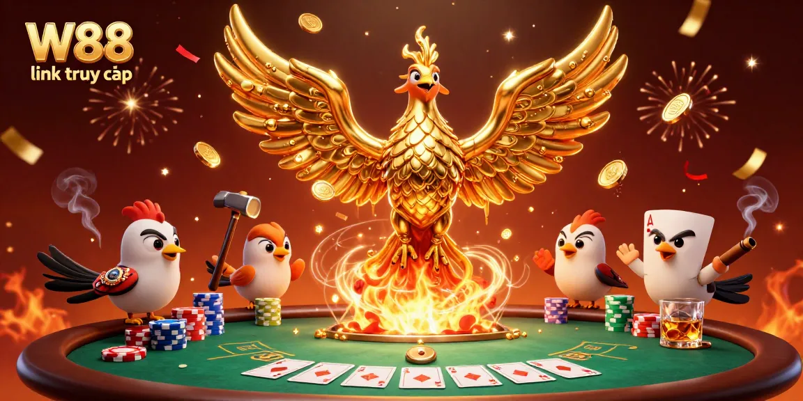 Experience the excitement of W88 link truy cập with a dynamic 3D illustration of a golden phoenix and poker elements.