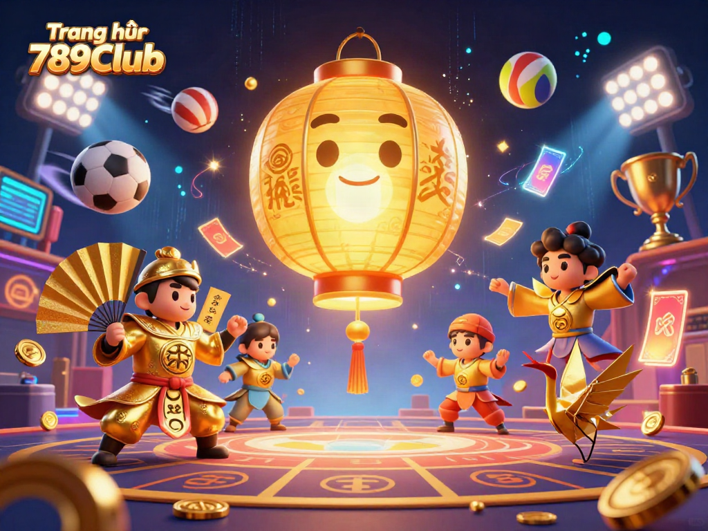 Experience thrilling games at Trang chủ 789Club with a vibrant, dynamic casino scene featuring lucky symbols and sports elements.