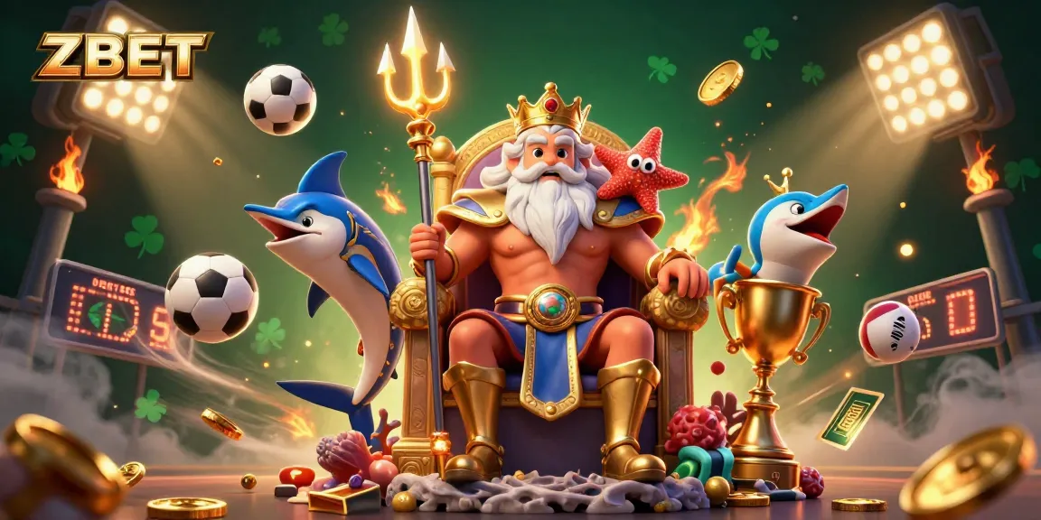 ZBET sports betting dynamic scene with Neptune, swordfish bodyguard, and vibrant sports elements