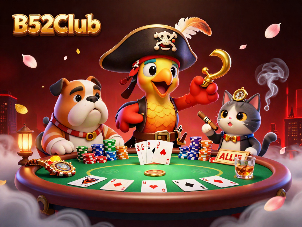 Engage in thrilling gameplay at B52Club with a vibrant poker scene featuring dynamic characters.
