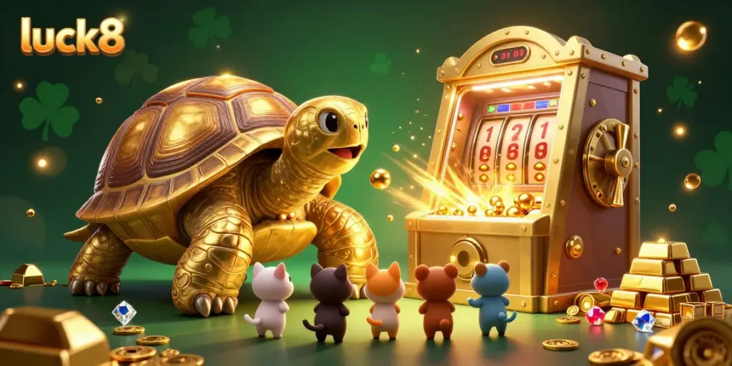 Experience luck8 as a colossal tortoise pinball machine delights players amidst treasures and vibrant graphics.