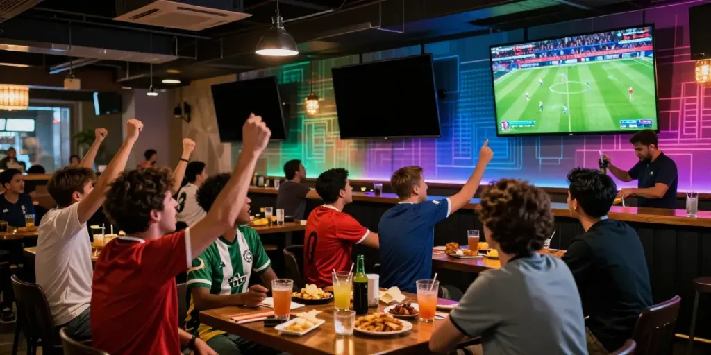 Fans enjoying live soccer matches at a sports bar, showcasing thapcamtv.ac excitement and community atmosphere.