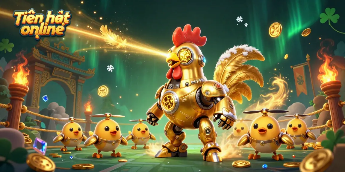 Engage with Tiến lên online featuring a vibrant scene of a golden rooster robot shooting laser beams amidst coins and banners.
