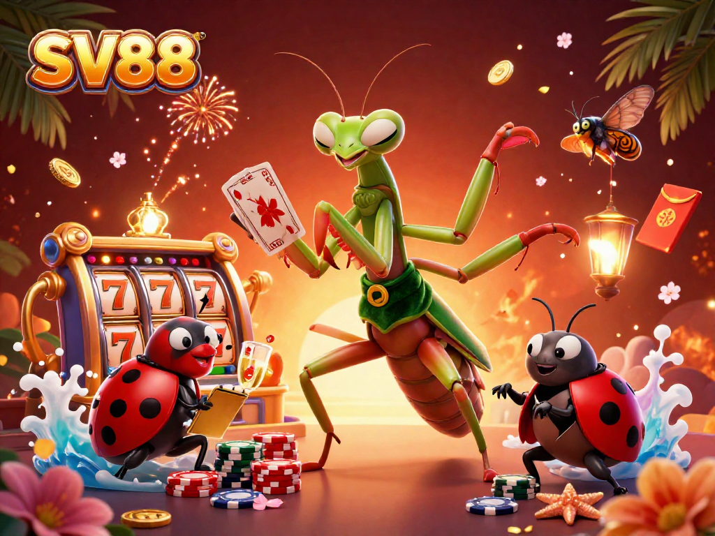 SV88 casino action with a giant mantis card sharp, a ladybug pit boss, and dynamic gaming elements.