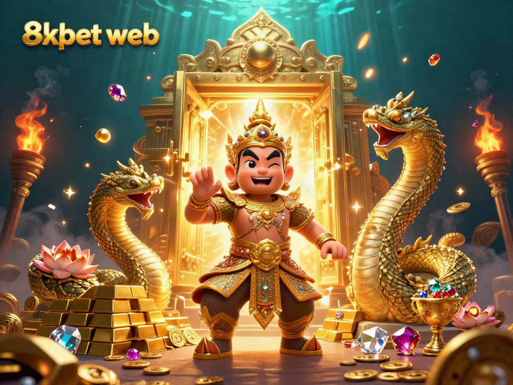 Experience thrilling wins with 8xbet web's vibrant casino scene featuring golden treasures and dynamic characters.