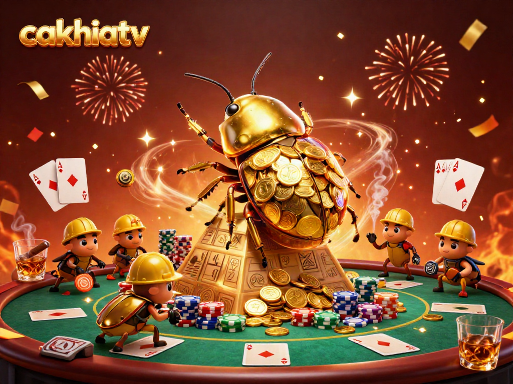 Experience cakhiatv's vibrant casino atmosphere with cartoon beetles rolling coin balls in a festive scene.