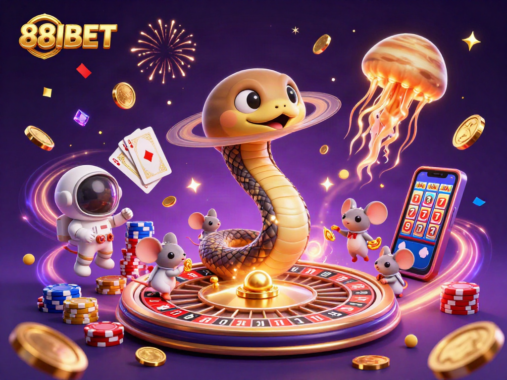 Bet on cosmic fun with 88IBET featuring a vibrant casino illustration of playful astronauts and roulette.