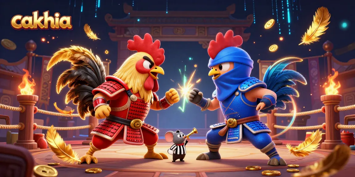Engaging cakhia showdown featuring fighting roosters in a dramatic arena with golden feathers.