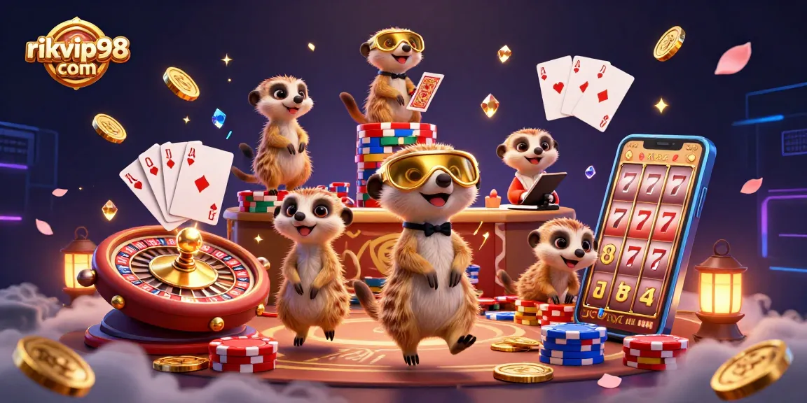 Engage with rikvip98 com in a vibrant 3D casino scene filled with meerkats, gold coins, and dynamic gaming elements.