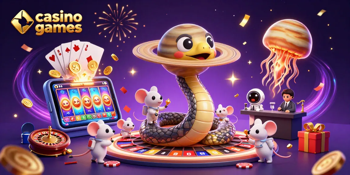 Experience thrilling casino games with a vibrant illustration of characters and gaming elements in a cosmic setting.