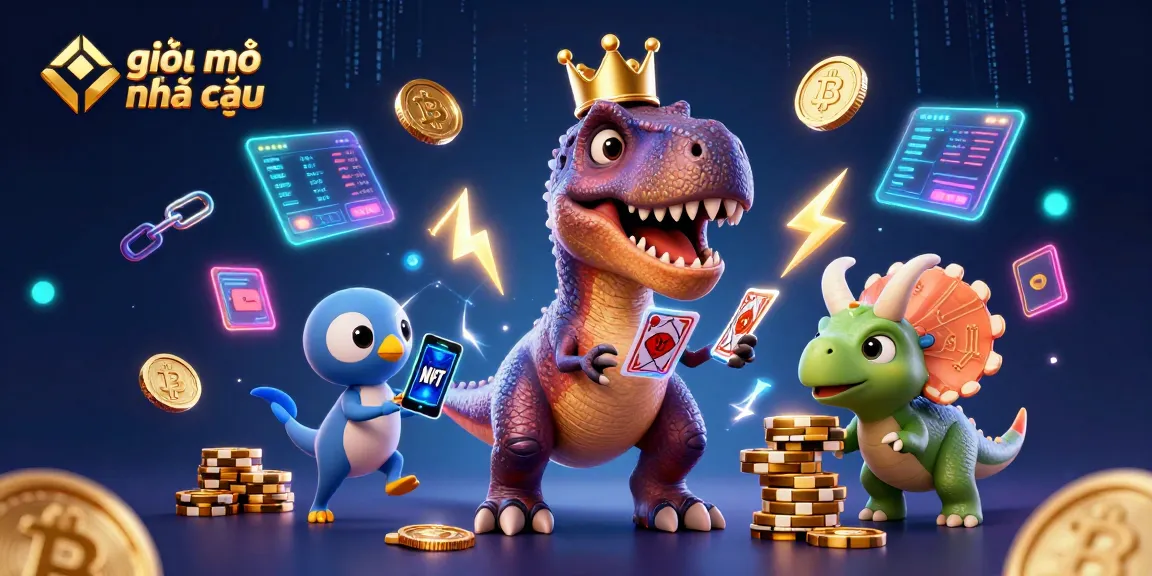 Engage with giải mã nhà cái's fun-filled casino scene featuring a T-Rex, pterodactyl, and triceratops managing cards and chips.