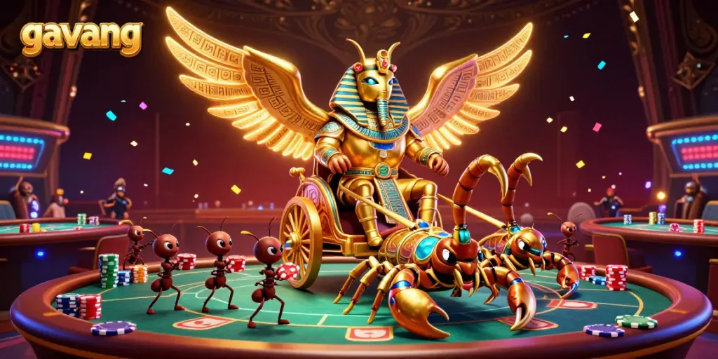 Experience thrilling gambling action with gavang's dynamic casino scene featuring a golden scarab and poker elements.