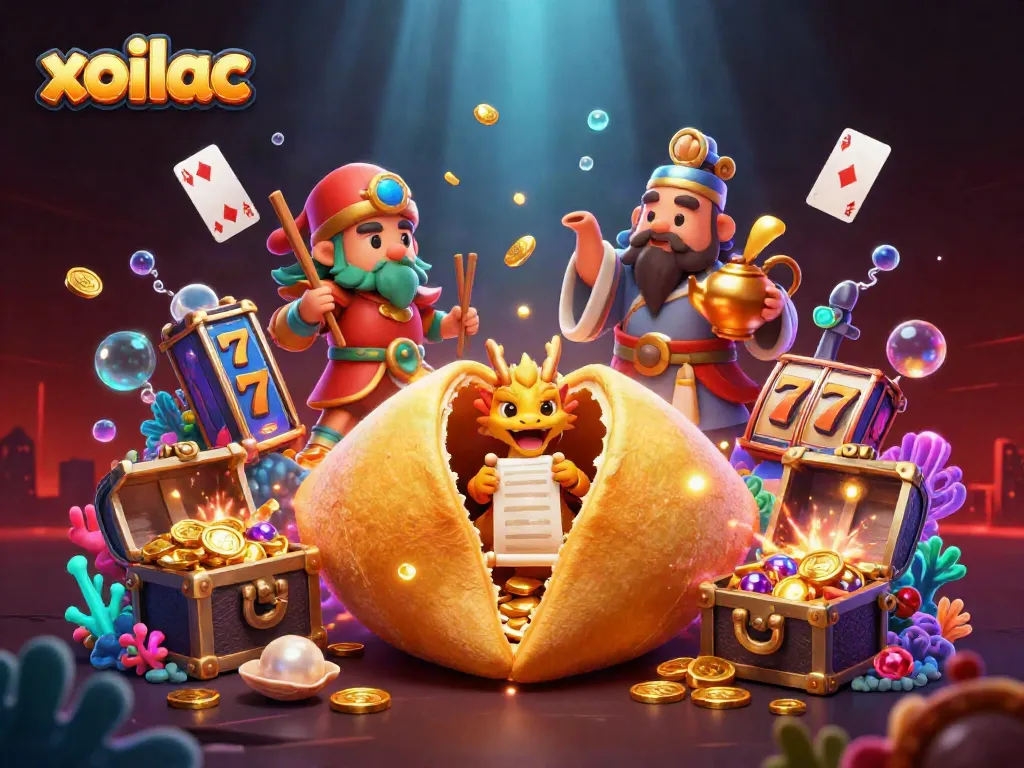 Xoilac enhances your gaming with a dynamic scene of fortune cookies, dragons, and slot reels for ultimate excitement.