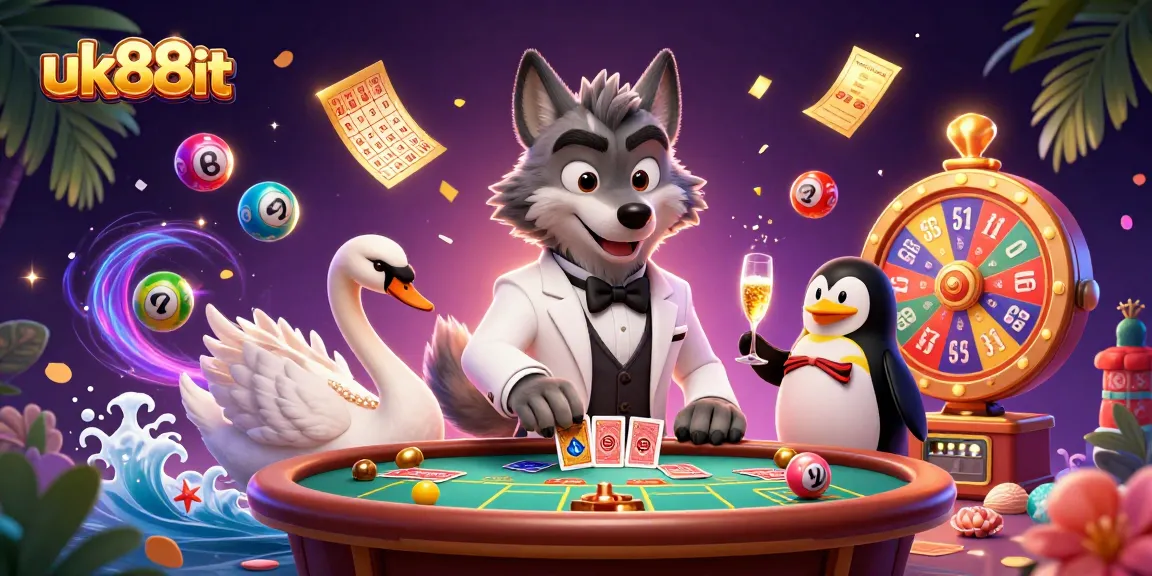 Experience thrills at uk88it with a lively 3D casino scene featuring a debonair wolf, swan dealer, and penguin sommelier.