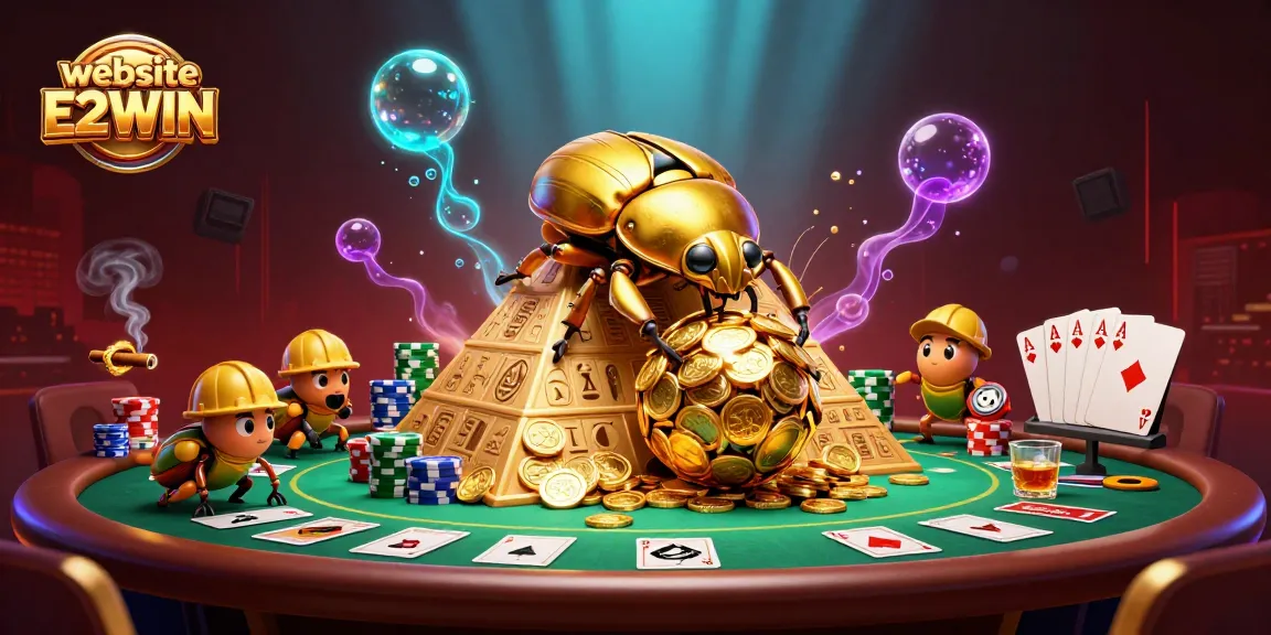 Play poker and win big on the website E2WIN with detailed casino-themed illustration.