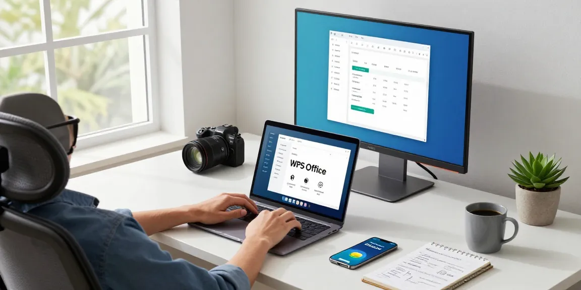 WPS Download in a modern workspace with a person using a laptop and productivity tools.