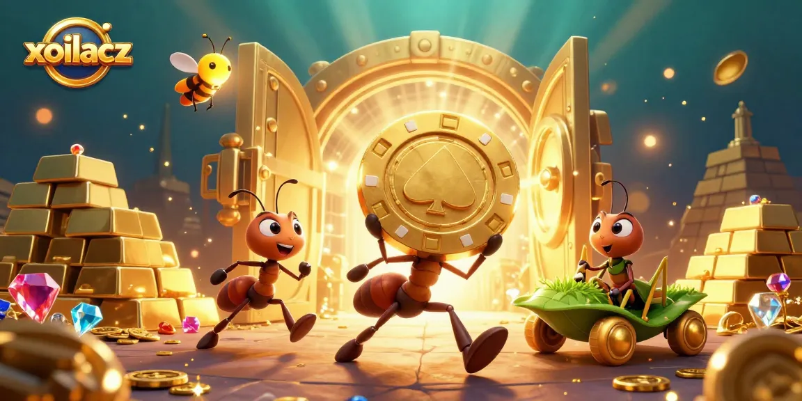 Xoilacz team of ants carrying a giant poker chip in a vibrant heist scene filled with treasures and light