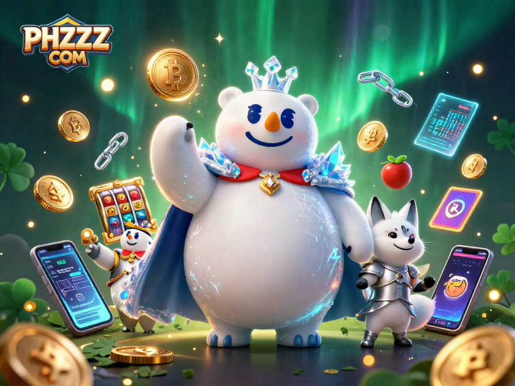 Engage with PHZZZ COM through a dynamic 3D casino scene filled with crypto elements and slot machines.