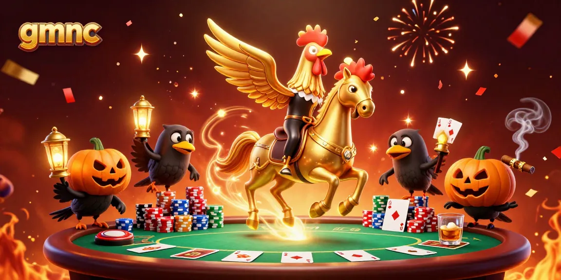 Engage with the magical world of gmnc as the golden rooster rides through a vibrant casino.