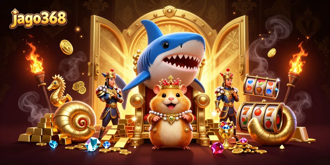 Play engaging slots on jago368 with golden treasures and animated characters in an exciting casino scene.
