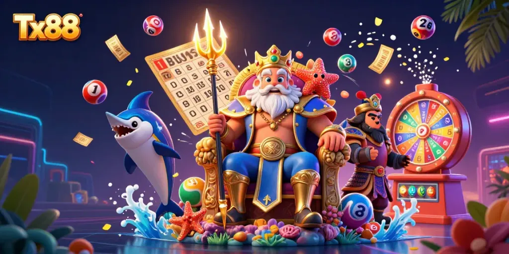 Experience the exciting world of Tx88 with Neptune, lottery balls, and vibrant casino elements in a dynamic 3D scene.