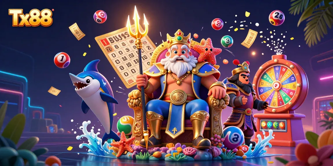 Experience the exciting world of Tx88 with Neptune, lottery balls, and vibrant casino elements in a dynamic 3D scene.