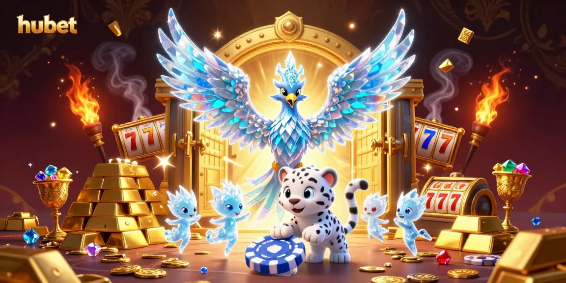 Experience thrilling gameplay at hubet with an enchanting ice phoenix amidst vibrant casino treasures.