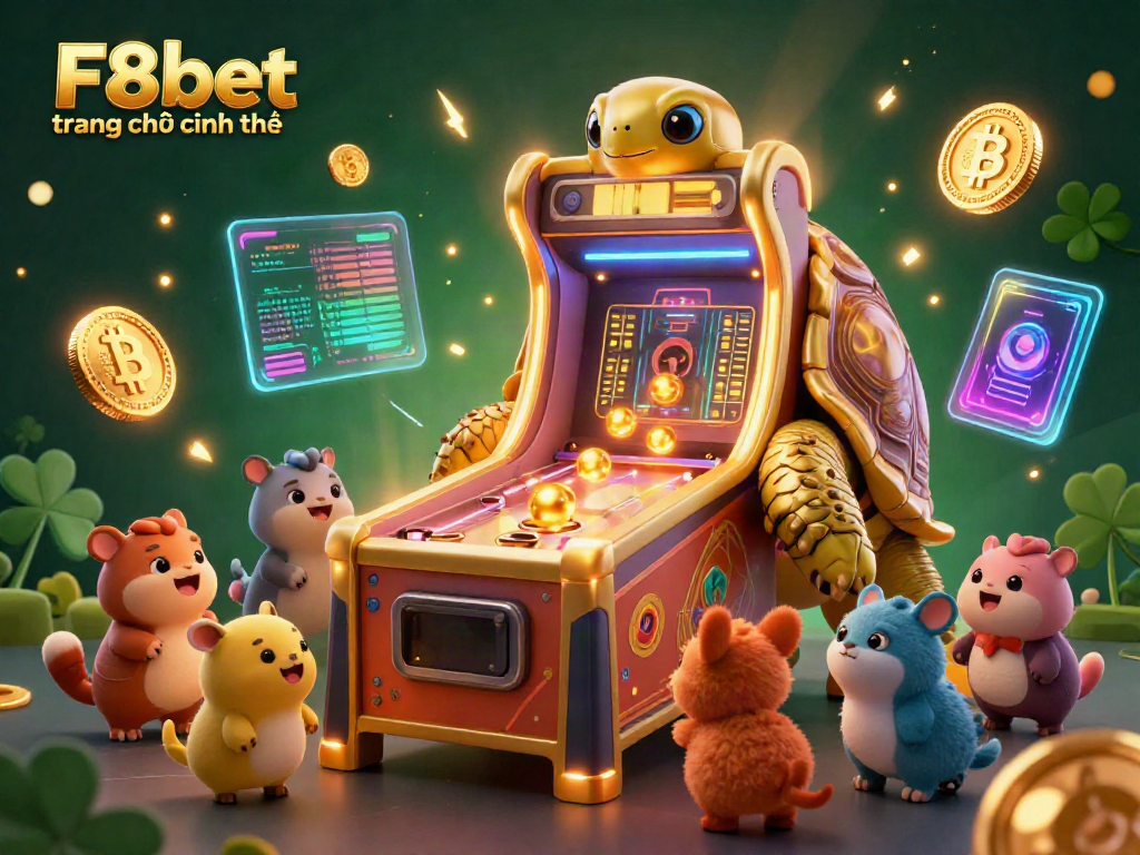 Engage with F8bet trang chủ chính thức inside a dynamic 3D casino scene featuring a golden tortoise pinball machine.