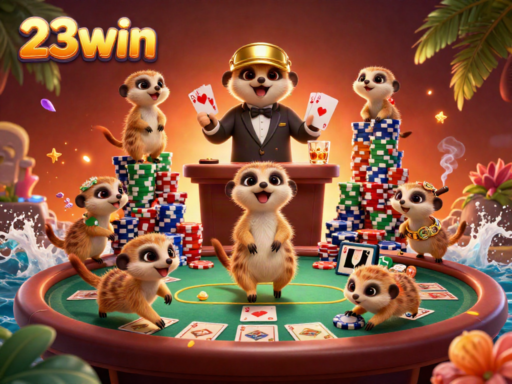 Engage in thrilling casino action with 23win as meerkats run a lively poker game in vibrant settings.