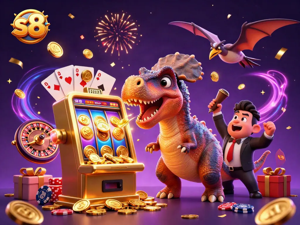 Experience the thrill at s8 as a cartoon dinosaur wins big at a golden slot machine!