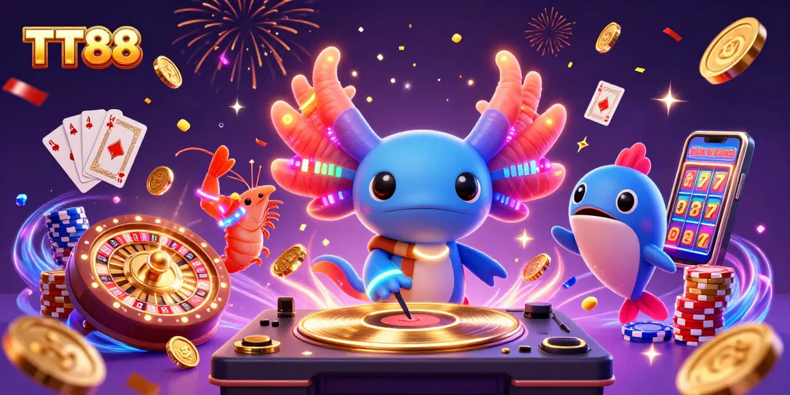 Spin and win with TT88 in this vibrant 3D casino atmosphere featuring neon characters, games, and winning elements.