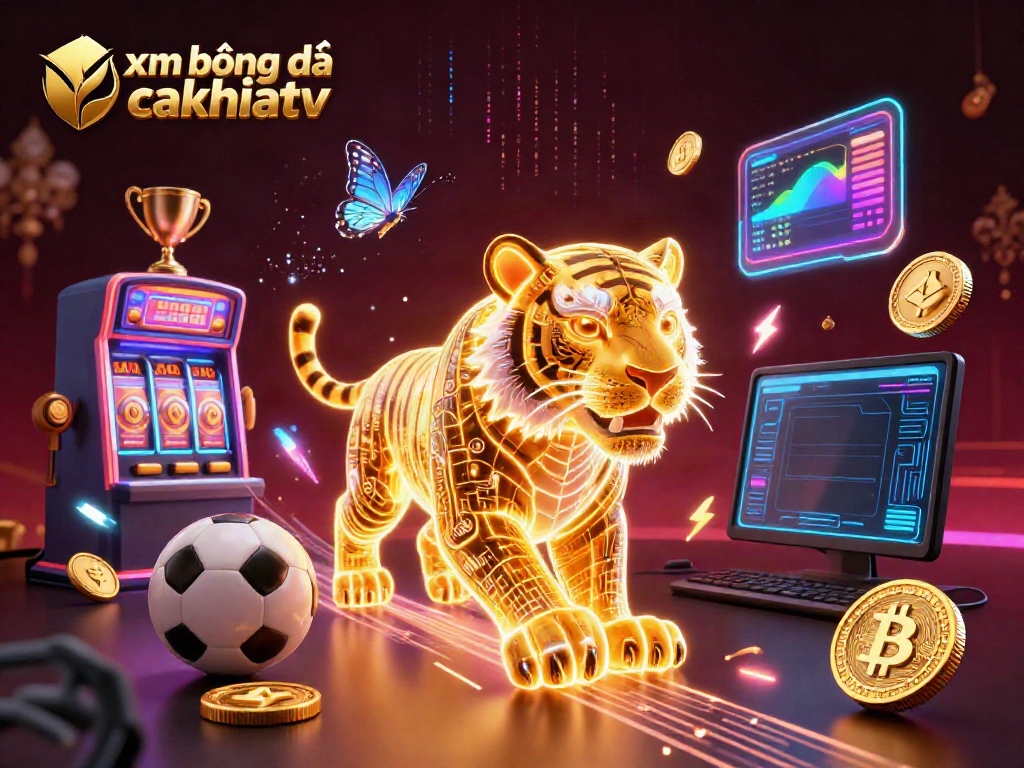Xem bóng đá cakhiatv with neon tiger and gaming elements in a vibrant casino landscape