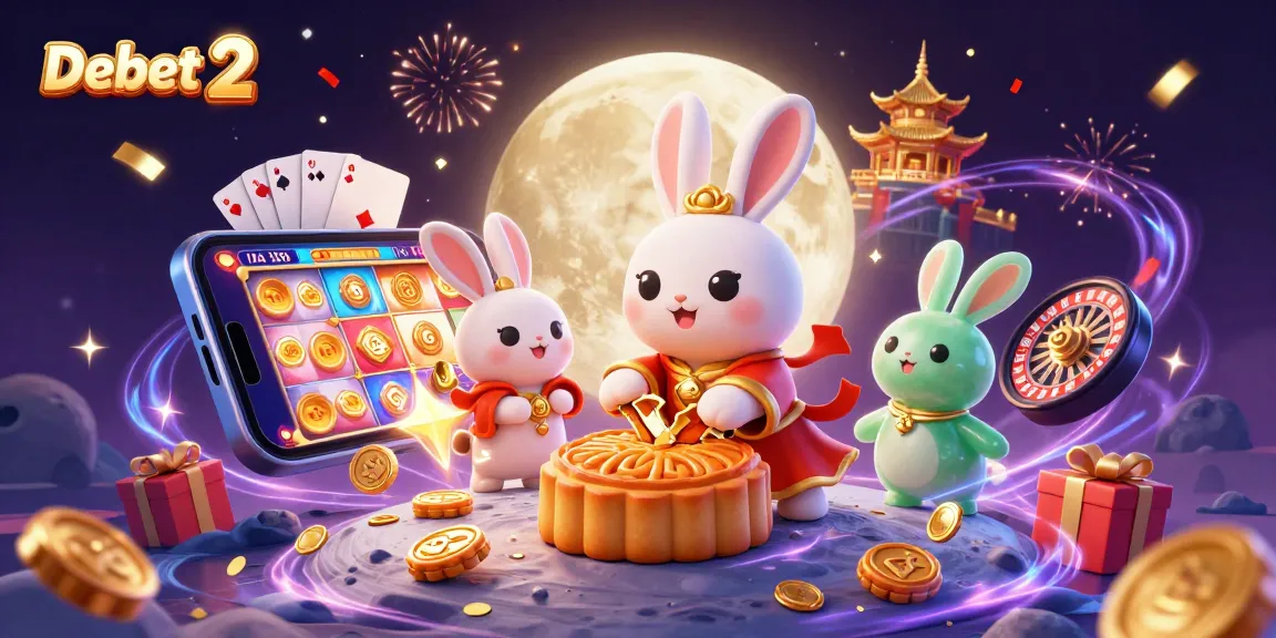 Experience excitement with Debet 2 as moon rabbit reveals poker chips in a vibrant casino scene.