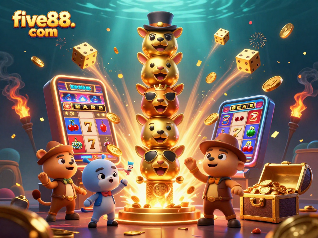 Experience excitement at five88. com with a vibrant 3D casino illustration showcasing colorful slots and games.
