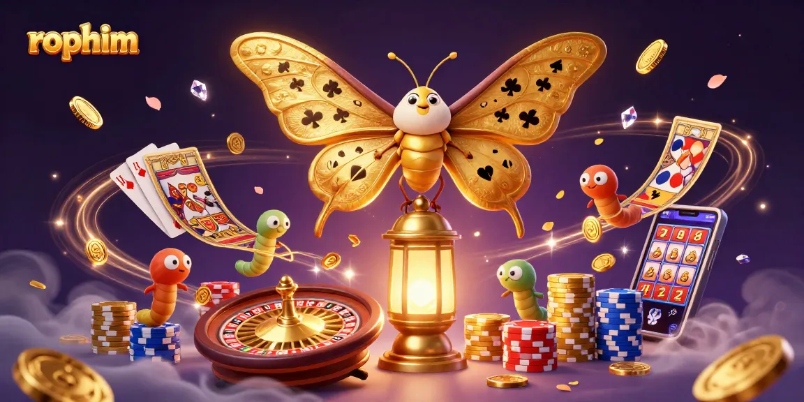 Experience rophim's vibrant casino atmosphere illustrated by a golden moth and shimmering gaming elements.